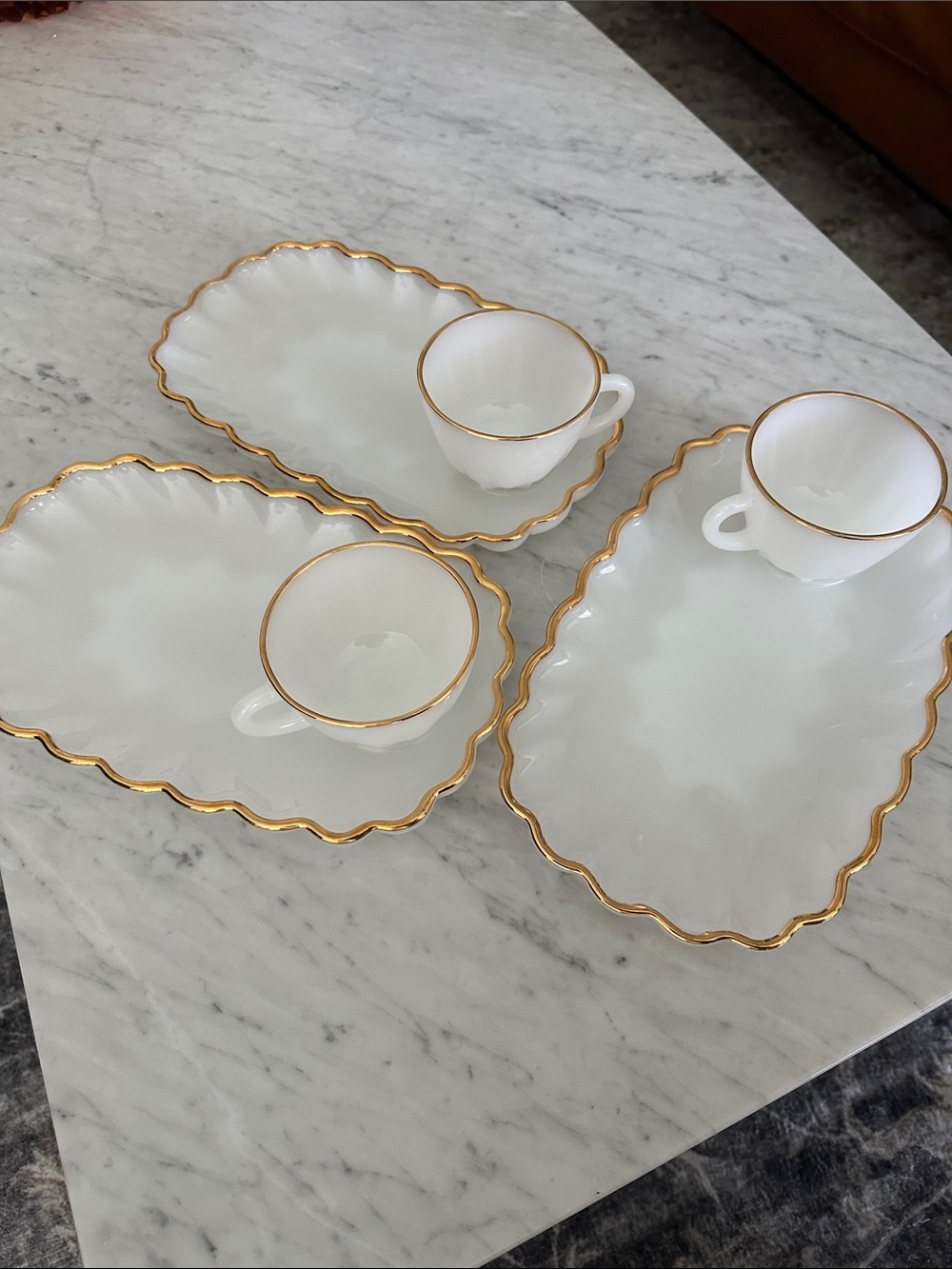 Vintage Fire King Anchor Hocking White Snack Plate Set with Gold Trim
